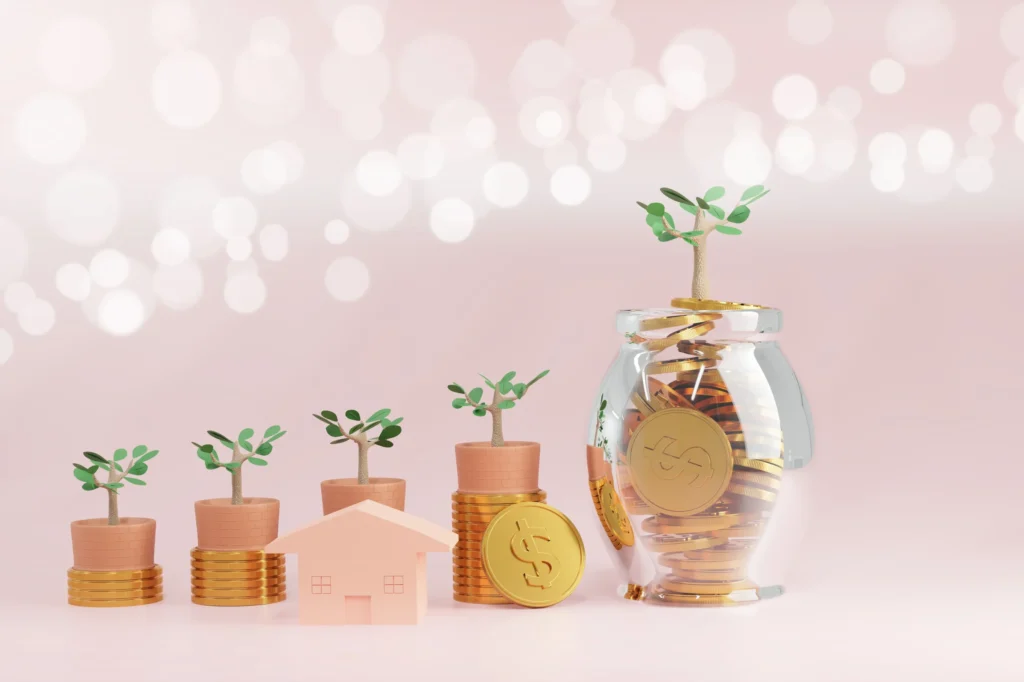お金の上に植物が生えている